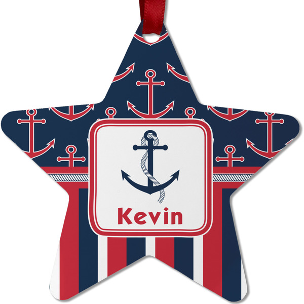 Custom Nautical Anchors & Stripes Metal Star Ornament - Double Sided w/ Name or Text