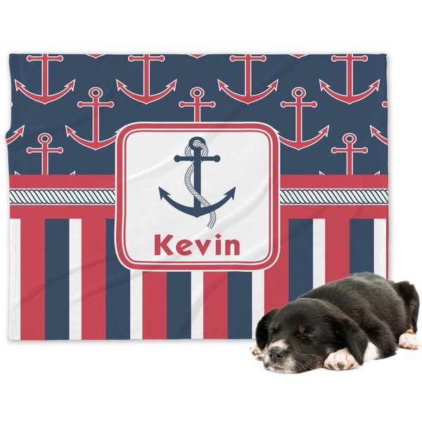Custom Nautical Anchors & Stripes Dog Blanket - Large (Personalized)
