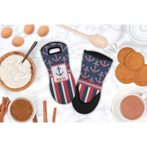 Nautical Anchors & Stripes Neoprene Oven Mitt - Lifestyle Image