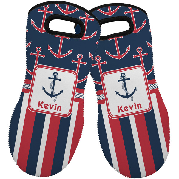 Custom Nautical Anchors & Stripes Neoprene Oven Mitts - Set of 2 w/ Name or Text