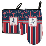 Nautical Anchors & Stripes Left Oven Mitt & Pot Holder Set w/ Name or Text