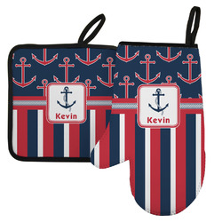 Nautical Anchors & Stripes Left Oven Mitt & Pot Holder Set w/ Name or Text