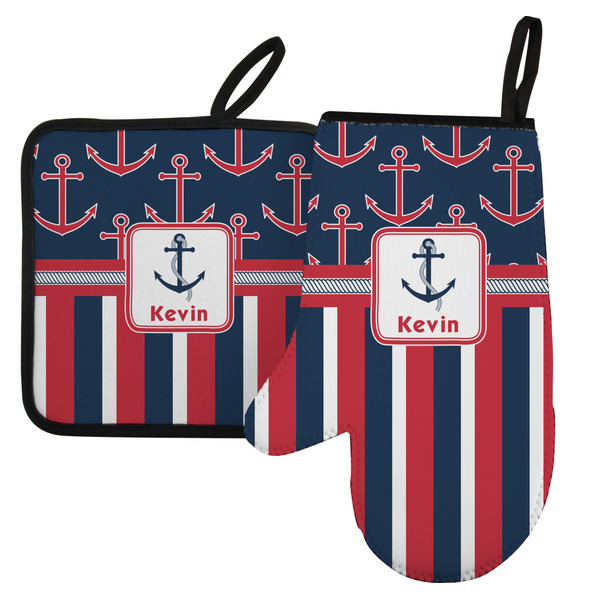 Custom Nautical Anchors & Stripes Left Oven Mitt & Pot Holder Set w/ Name or Text