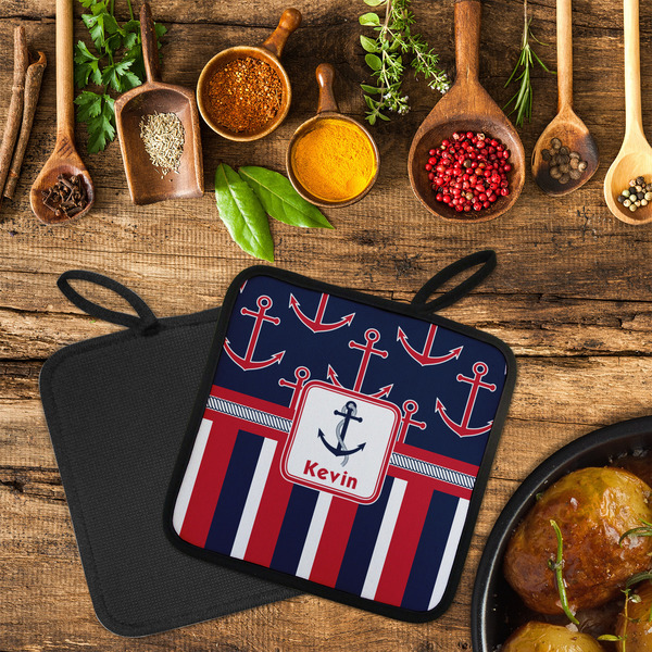 Nautical Anchors & Stripes Neoprene Pot Holder - Set of 2  LIFESTYLE (Flatlay)