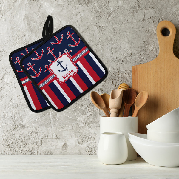 Nautical Anchors & Stripes Neoprene Pot Holder - Set of 2  LIFESTYLE