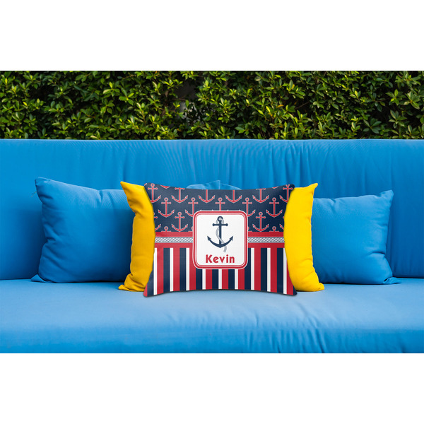 Nautical Anchors & Stripes Outdoor Throw Pillow  - LIFESTYLE (Rectangular - 20x14)