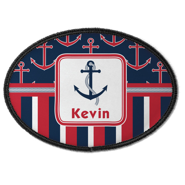 Custom Nautical Anchors & Stripes Iron On Oval Patch w/ Name or Text