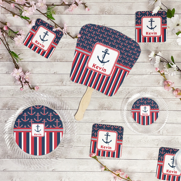 Nautical Anchors & Stripes Party Supplies Combination Image - All items - Plates, Coasters, Fans