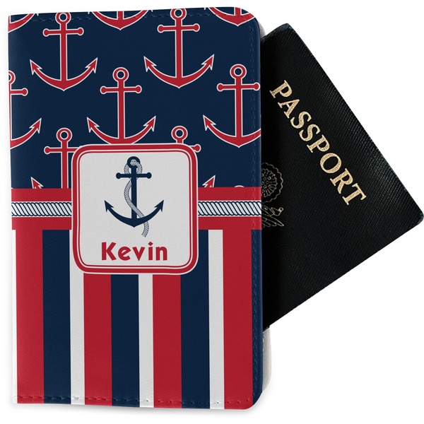 Custom Nautical Anchors & Stripes Passport Holder - Fabric (Personalized)