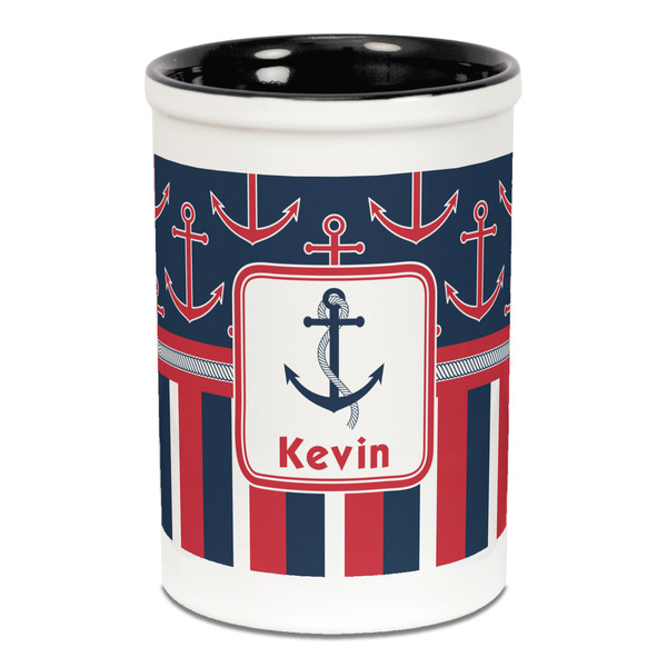 Nautical Anchors & Stripes Pencil Holder - Black