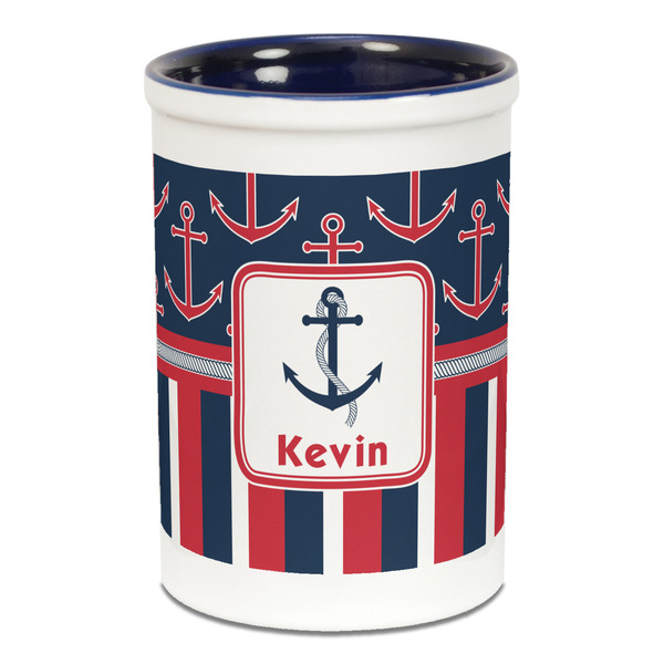 Custom Nautical Anchors & Stripes Ceramic Pencil Holders - Blue