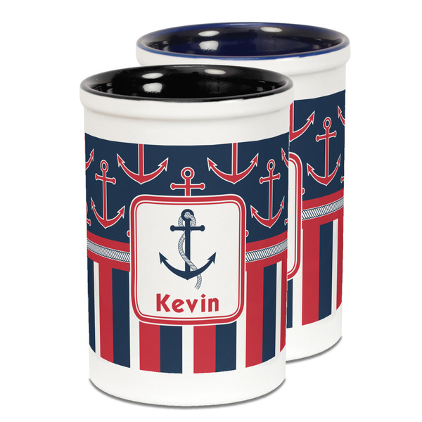 Custom Nautical Anchors & Stripes Ceramic Pencil Holder - Large