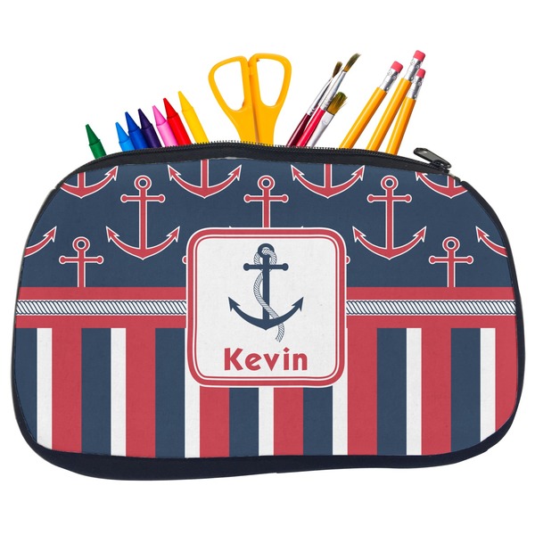 Custom Nautical Anchors & Stripes Neoprene Pencil Case - Medium w/ Name or Text