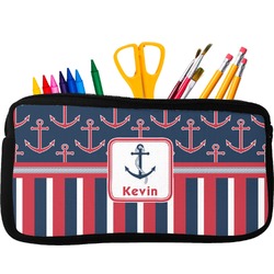 Nautical Anchors & Stripes Neoprene Pencil Case - Small w/ Name or Text