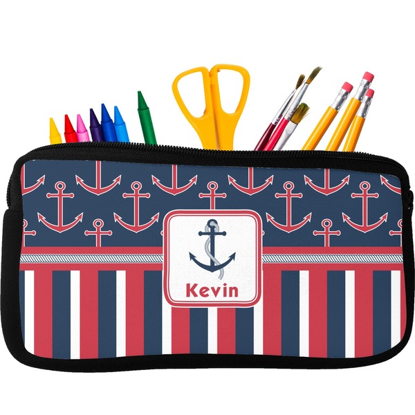 Custom Nautical Anchors & Stripes Neoprene Pencil Case - Small w/ Name or Text