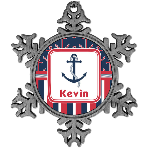 Custom Nautical Anchors & Stripes Vintage Snowflake Ornament (Personalized)