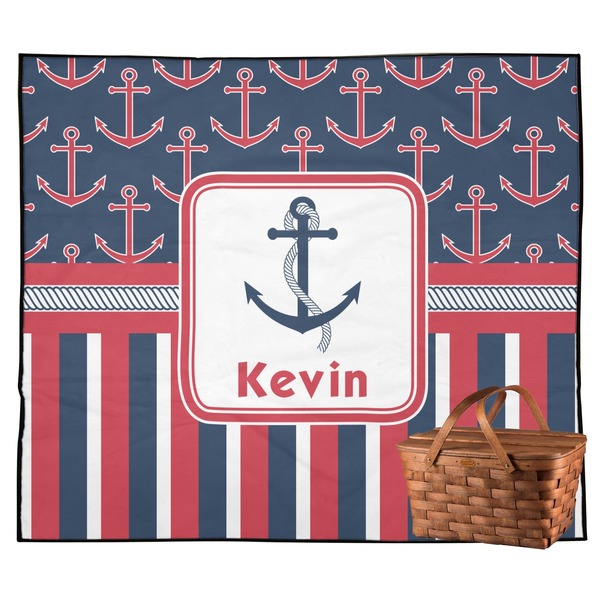 Custom Nautical Anchors & Stripes Outdoor Picnic Blanket (Personalized)