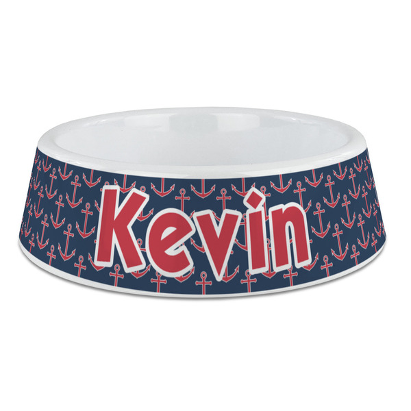 Custom Nautical Anchors & Stripes Plastic Dog Bowl - Large (Personalized)
