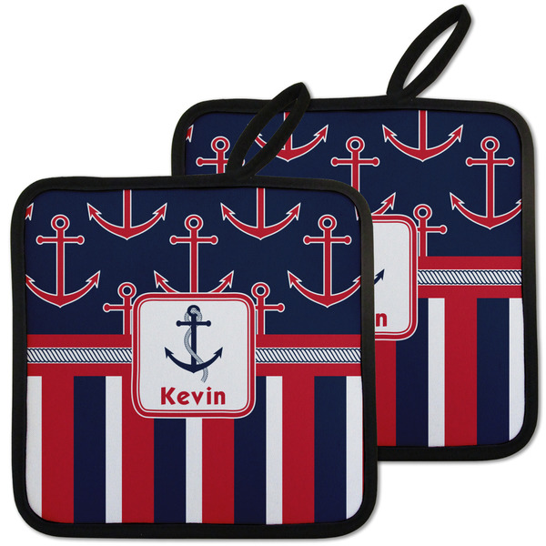 Custom Nautical Anchors & Stripes Pot Holders - Set of 2 w/ Name or Text