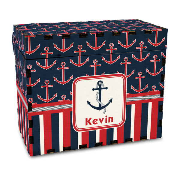 Custom Nautical Anchors & Stripes Wood Recipe Box - Full Color Print (Personalized)