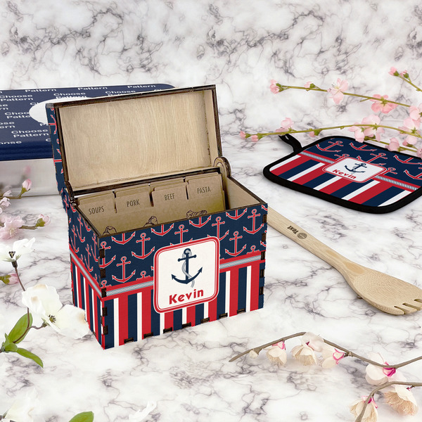 Nautical Anchors & Stripes Recipe Box - Full Color - In Context