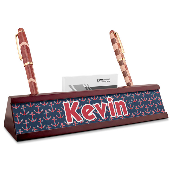 Custom Nautical Anchors & Stripes Red Mahogany Nameplate with Business Card Holder (Personalized)