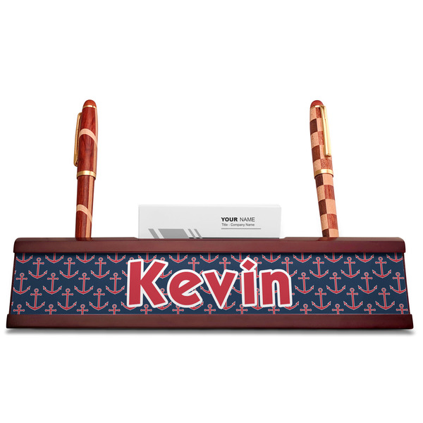 Nautical Anchors & Stripes Red Mahogany Nameplates with Business Card Holder - Straight