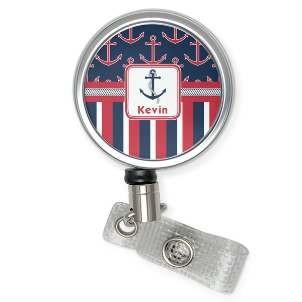 Custom Nautical Anchors & Stripes Retractable Badge Reel (Personalized)
