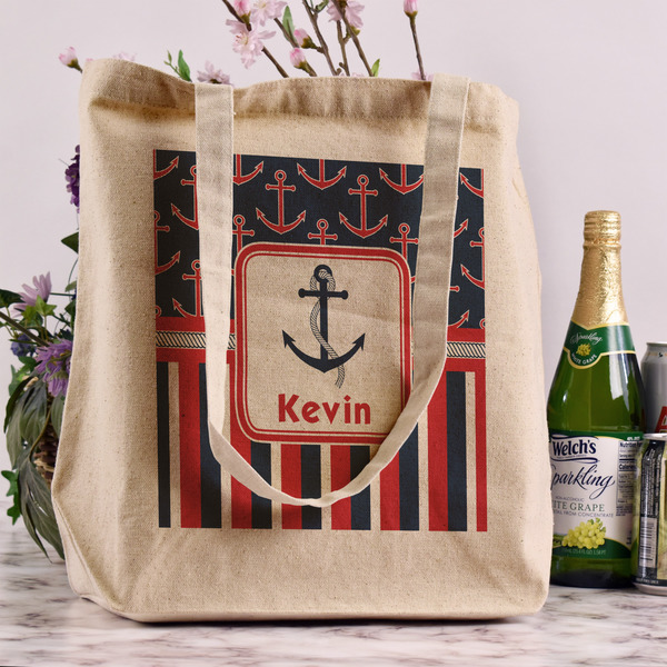 Nautical Anchors & Stripes Reusable Cotton Grocery Bag - In Context