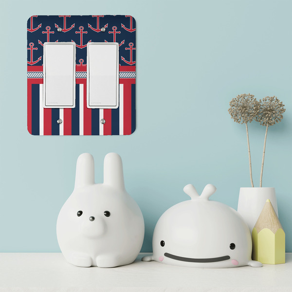 Nautical Anchors & Stripes Rocker Light Switch Covers - Double - IN CONTEXT