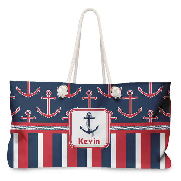 Custom Nautical Anchors & Stripes Large Tote Bag with Rope Handles (Personalized)