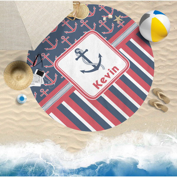 Nautical Anchors & Stripes Round Beach Towel Lifestyle