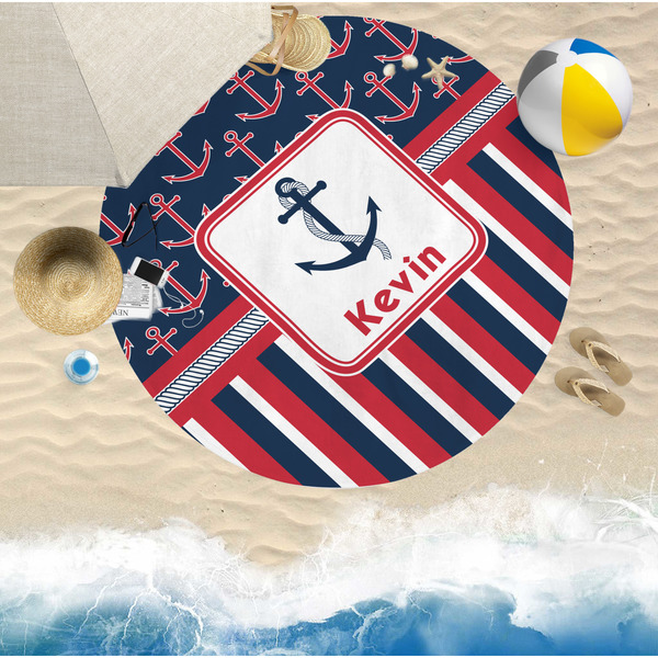 Nautical Anchors & Stripes Round Beach Towel Lifestyle