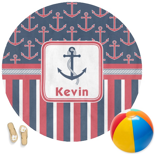 Custom Nautical Anchors & Stripes Round Beach Towel (Personalized)