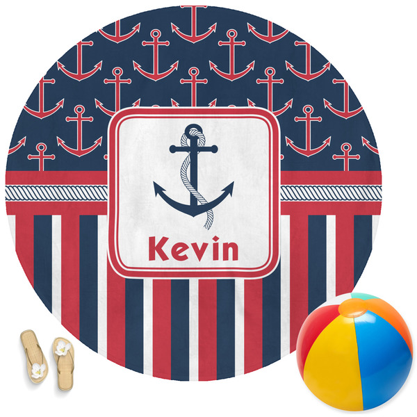 Custom Nautical Anchors & Stripes Round Beach Towel (Personalized)