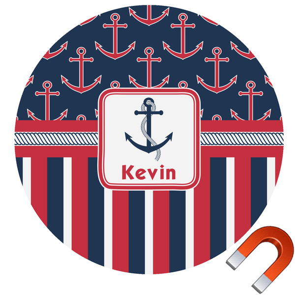 Custom Nautical Anchors & Stripes Round Car Magnet - 6" (Personalized)