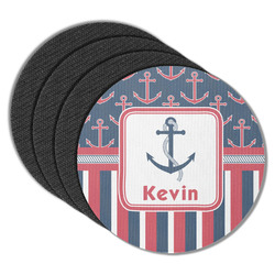 Nautical Anchors & Stripes Round Rubber Backed Coasters - Set of 4 (Personalized)