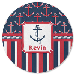 Nautical Anchors & Stripes Round Rubber Backed Coaster (Personalized)