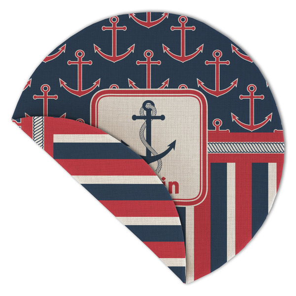 Nautical Anchors & Stripes Round Linen Placemats - Front (folded corner double sided)