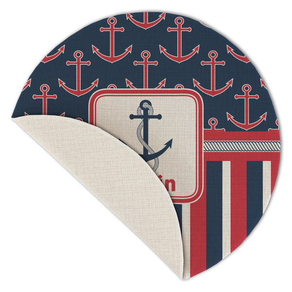 Nautical Anchors & Stripes Round Linen Placemats - Front (folded corner single sided)