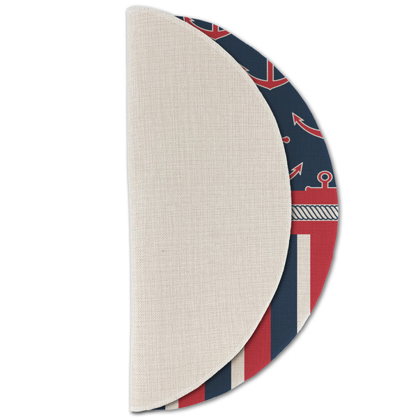 Nautical Anchors & Stripes Round Linen Placemats - HALF FOLDED (single sided)