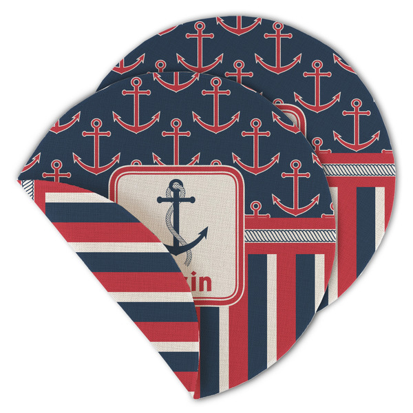 Custom Nautical Anchors & Stripes Round Linen Placemat - Double Sided (Personalized)