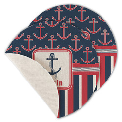 Nautical Anchors & Stripes Round Linen Placemat - Single Sided - Set of 4 (Personalized)