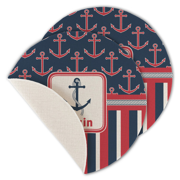 Custom Nautical Anchors & Stripes Round Linen Placemat - Single Sided - Set of 4 (Personalized)