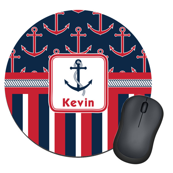 Custom Nautical Anchors & Stripes Round Mouse Pad (Personalized)