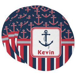 Nautical Anchors & Stripes Round Paper Coasters w/ Name or Text
