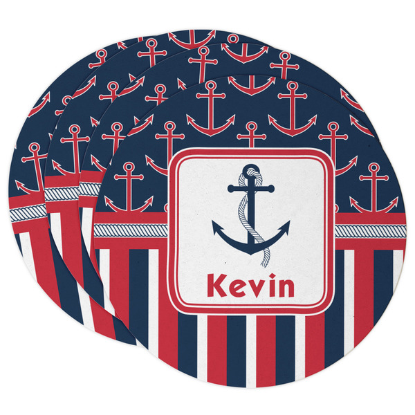 Custom Nautical Anchors & Stripes Round Paper Coasters w/ Name or Text