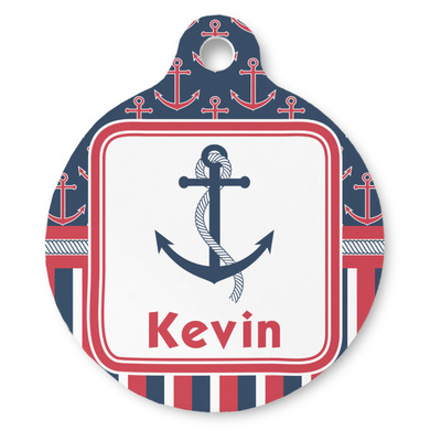 Nautical Anchors & Stripes Round Pet ID Tag - Large (Personalized)