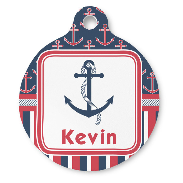 Custom Nautical Anchors & Stripes Round Pet ID Tag - Large (Personalized)