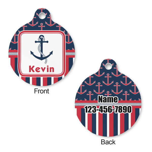 Nautical Anchors & Stripes Round Pet Tag - Front & Back